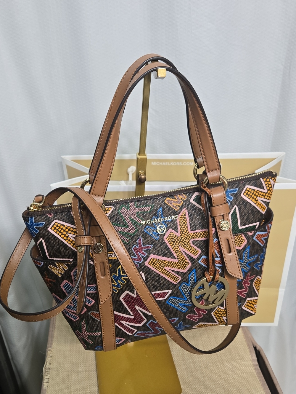 NWOT Michael Kors Multicolor MK Logo Shoulder Bag with Tan Trim